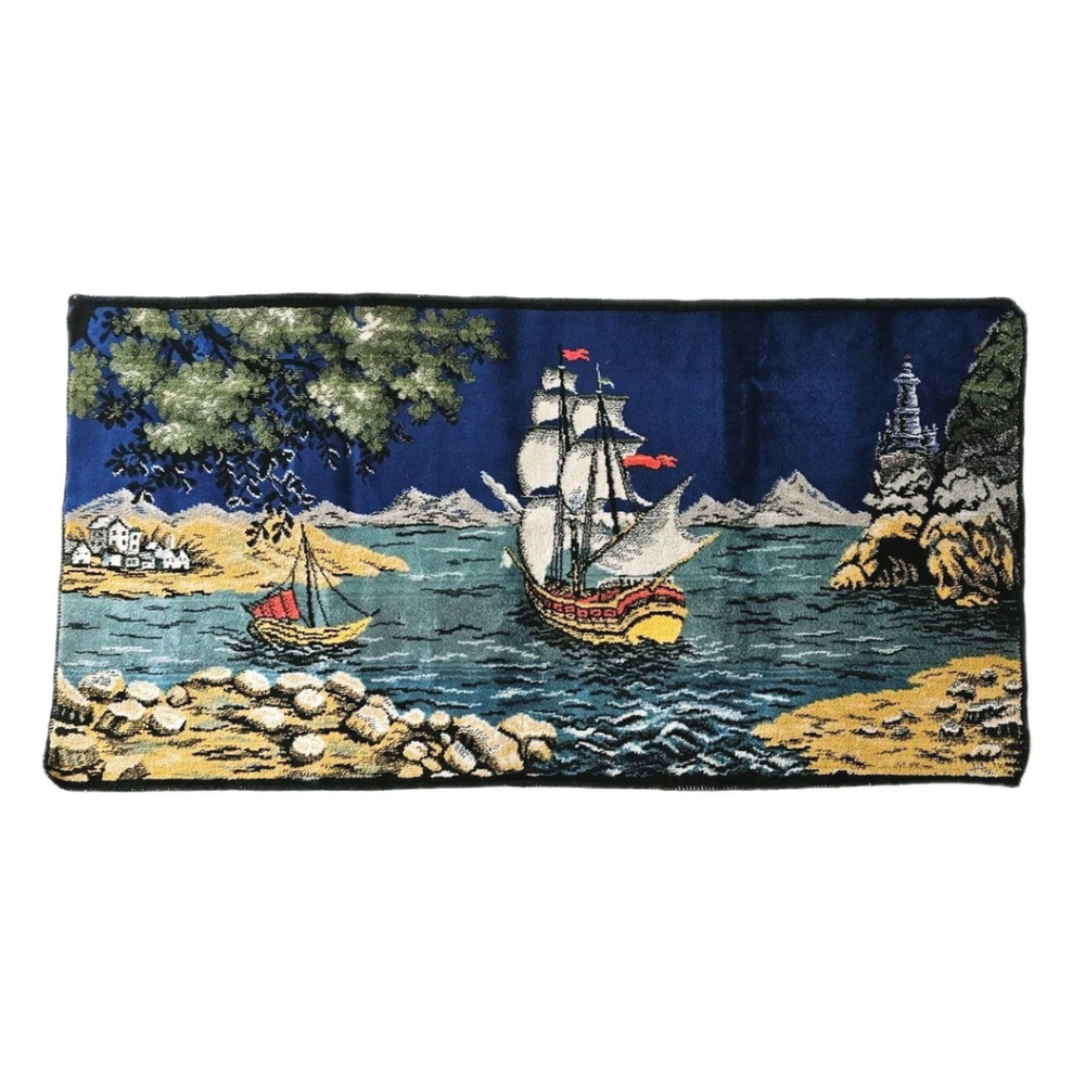 Vintage Tapestry Sailing Ship Barque Made In Italy Ramallah Trading New York